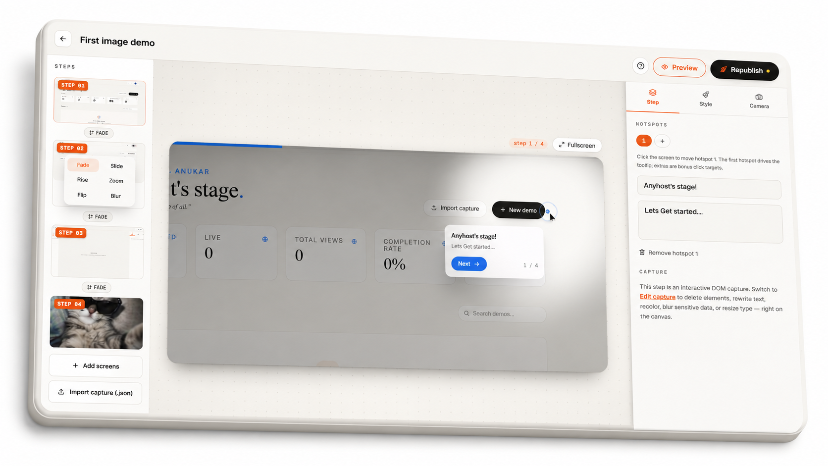 The Mirage editor — placing hotspots and tuning motion on a captured screen