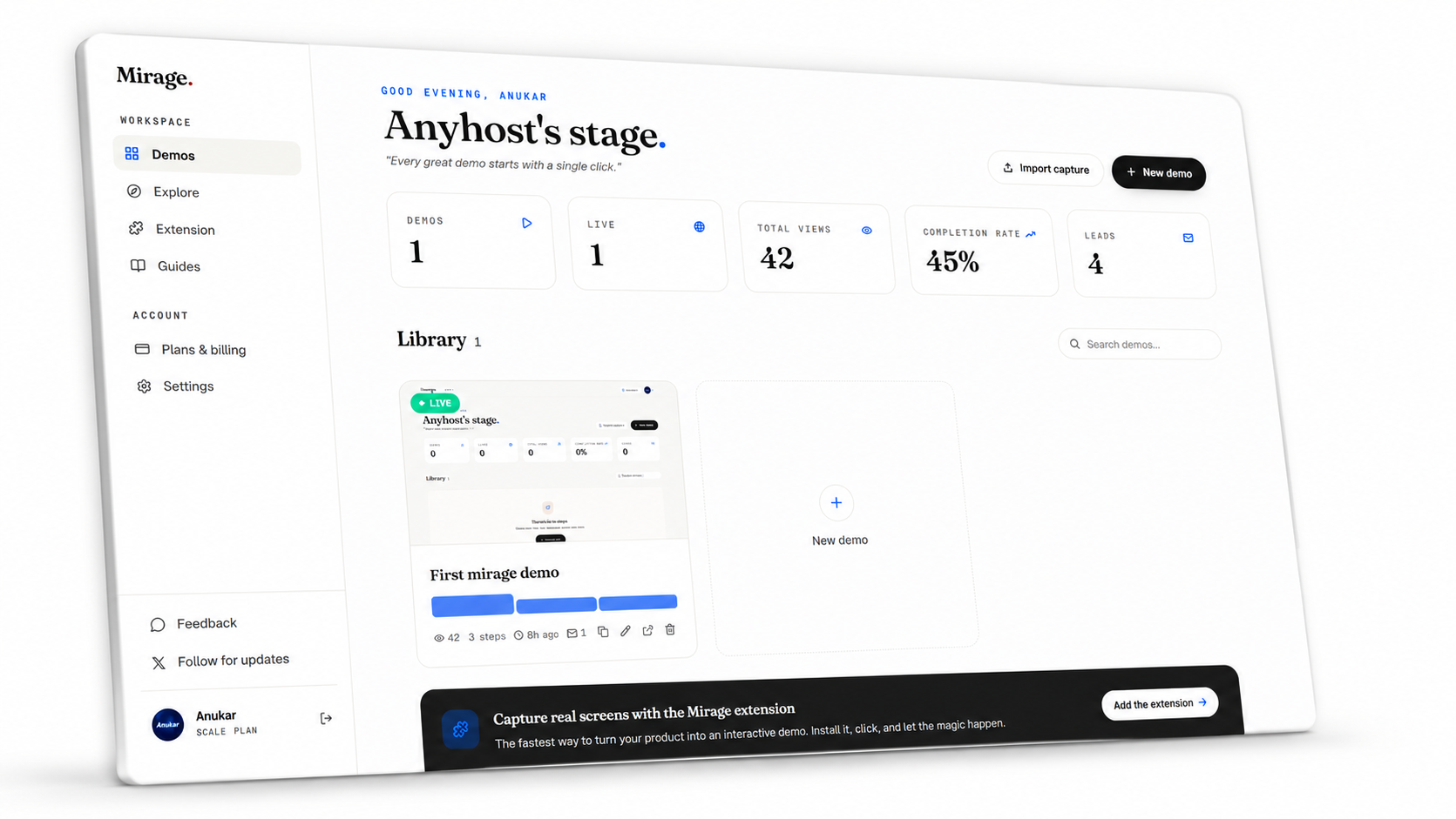 The Mirage studio dashboard — live views, completion rate, and captured leads